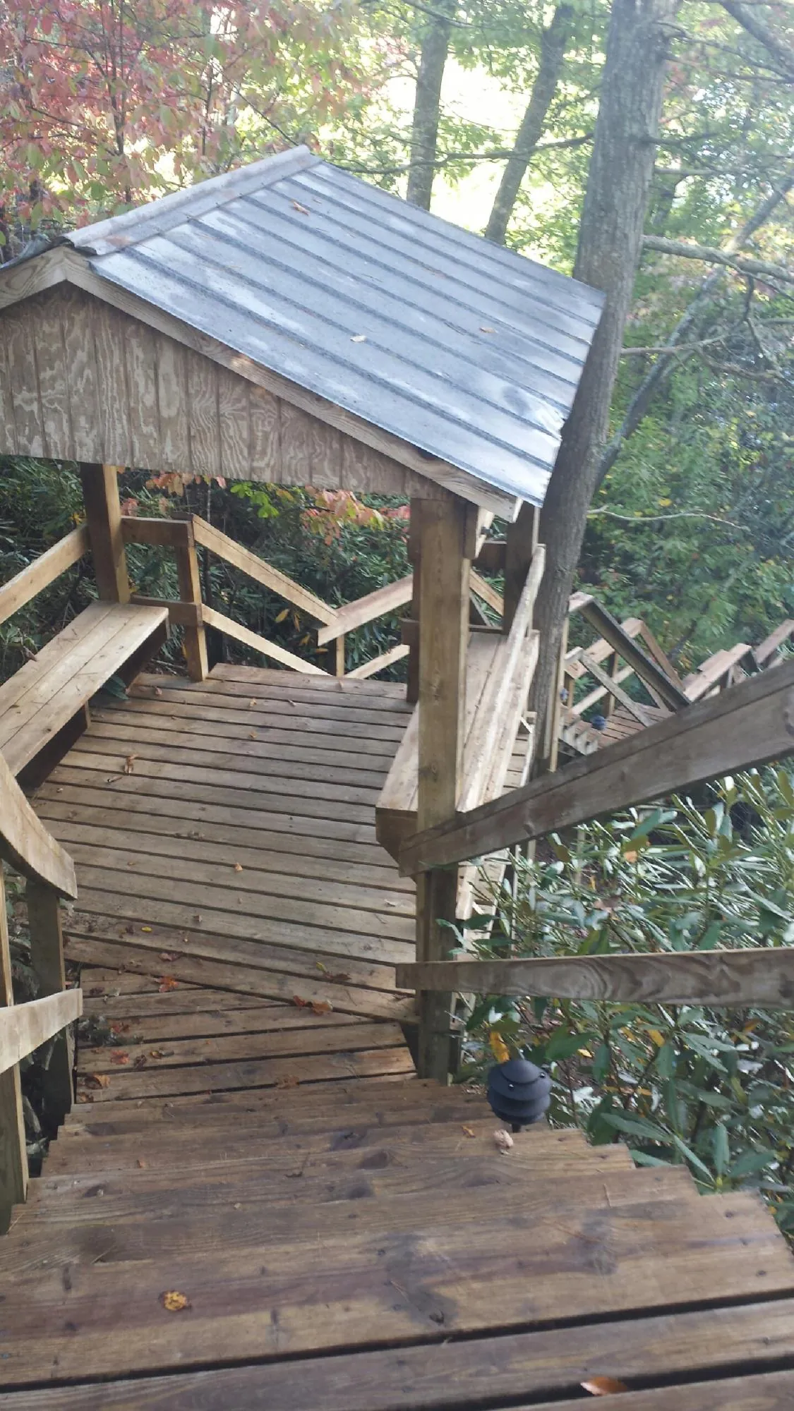 Metal roofed shelter over wooden steps on a wooded walkway — Skylight Repair & Installation work by our crew in Wynantskill